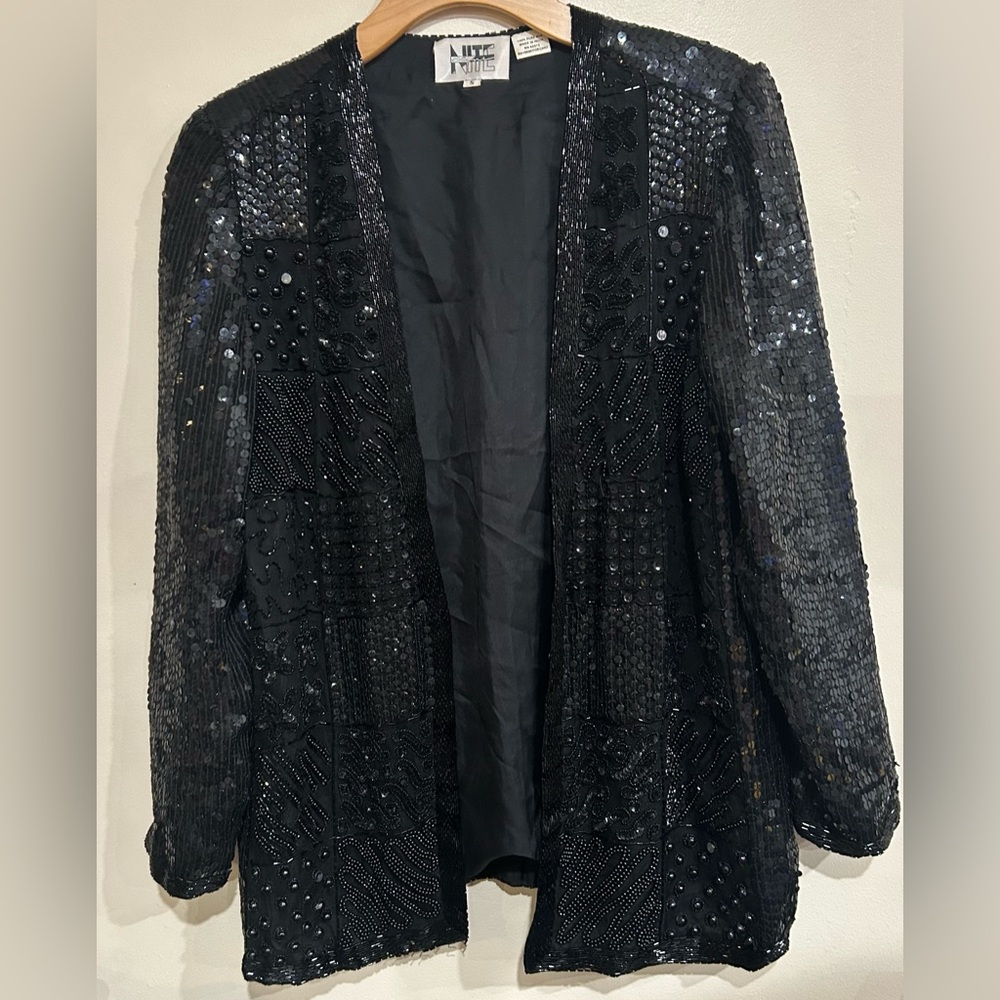 Niteline Della Roufogali Blazer Black Silk Sequin Beads Floral Lined Size Small